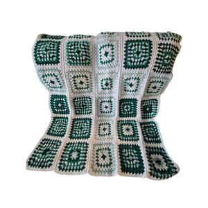 Large Crochet Granny Square Blanket Afghan White Two Green Colors 58 x 42 Heavy
